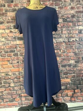 Navy Short-Sleeve Midi Swing Dress
